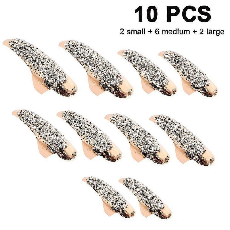 Set Of 10 Punk Style Eagle Claw Ring Jewelry False Nail Retro Clear Crystal Talon Finger Ring Knuckle Bend Fingertip Claw For Cosplay Paty (Gold/Black