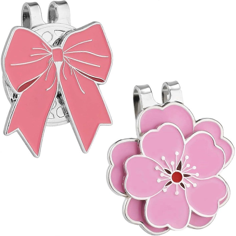 2pcs Magnetic Golf Hat Clip Set, Pink Magnetic Golf Ball Marker Hat Clip Ball Marker Accessories for Men Women Golfer(Bow & Flower Style)