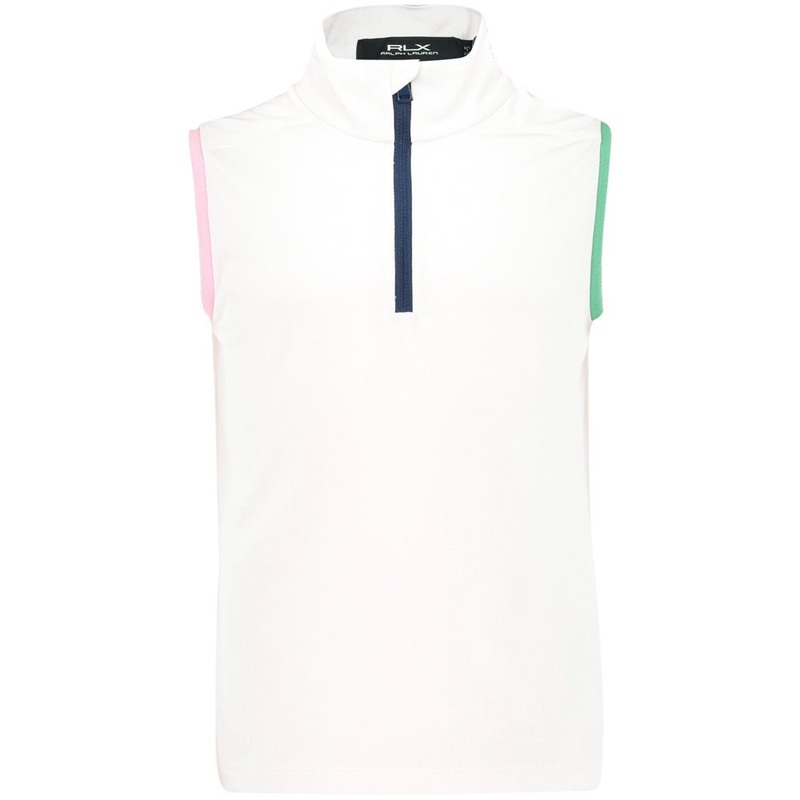 Juniors’ Tricolor Sleeveless 1/4 Zip Mock Neck Polo