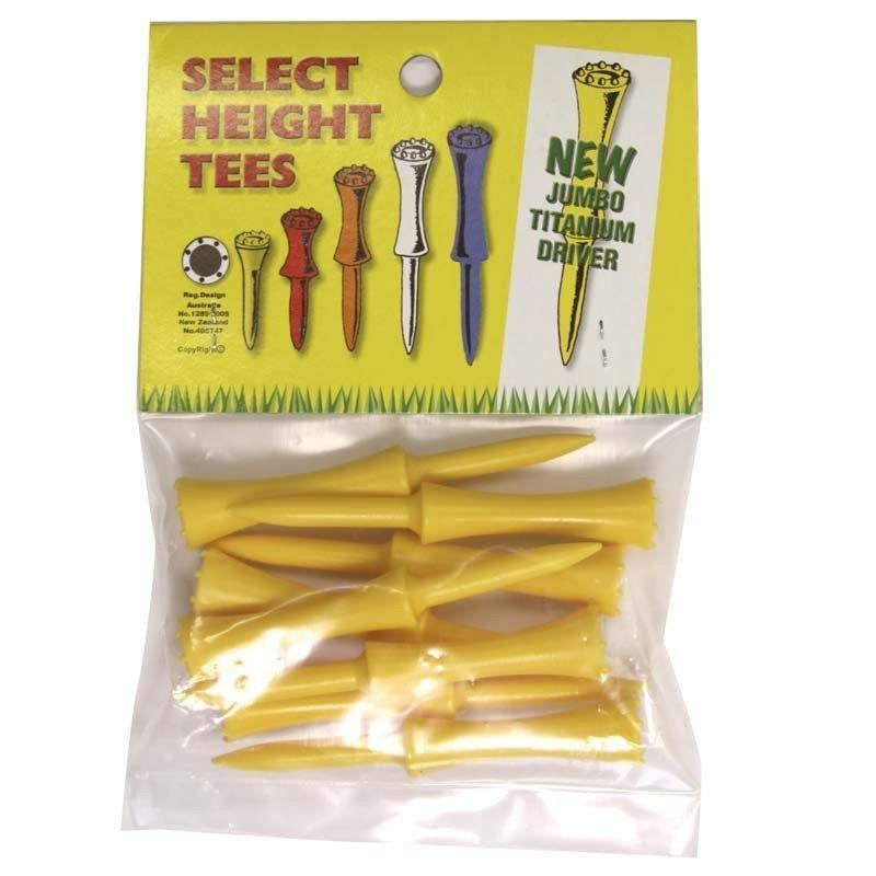 Select Height Tees|Dart 85mm|Yellow (Small)|Red (Iron)|Orange (Fairway)|White (Driver)|Blue (Titanium Driver)|Yellow (Titanium Driver)|Mixed