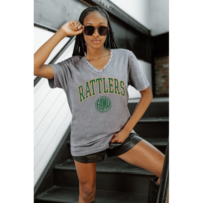 FLORIDA A&M RATTLERS ICONIC EDGE RHINESTONE TRIM V-NECK TEE