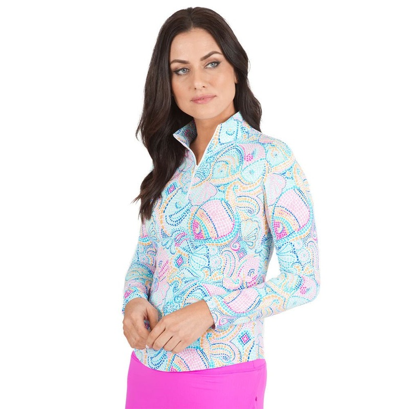 IBKUL Mariel Print Long Sleeve Zip Golf Mock Neck