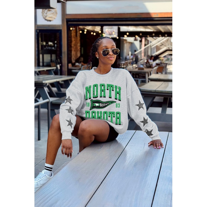 NORTH DAKOTA FIGHTING HAWKS PENNANT PRIDE EMBELLISHED STAR SLEEVE CREWNECK PULLOVER
