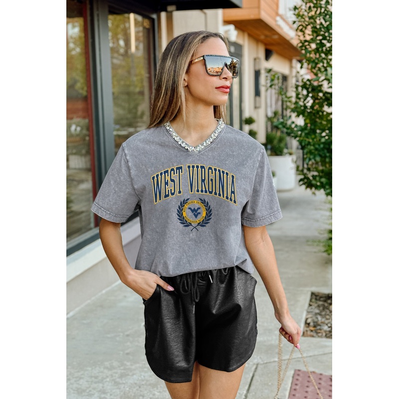 WEST VIRGINIA MOUNTAINEERS ICONIC EDGE RHINESTONE TRIM V-NECK TEE