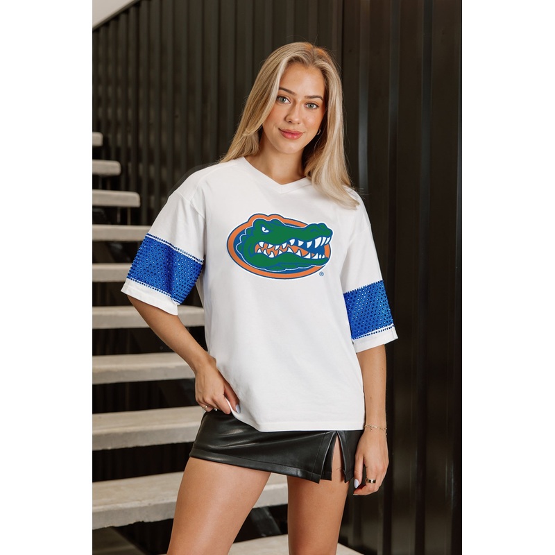 FLORIDA GATORS DOMINANCE RHINESTONE STRIPE VARSITY TEE