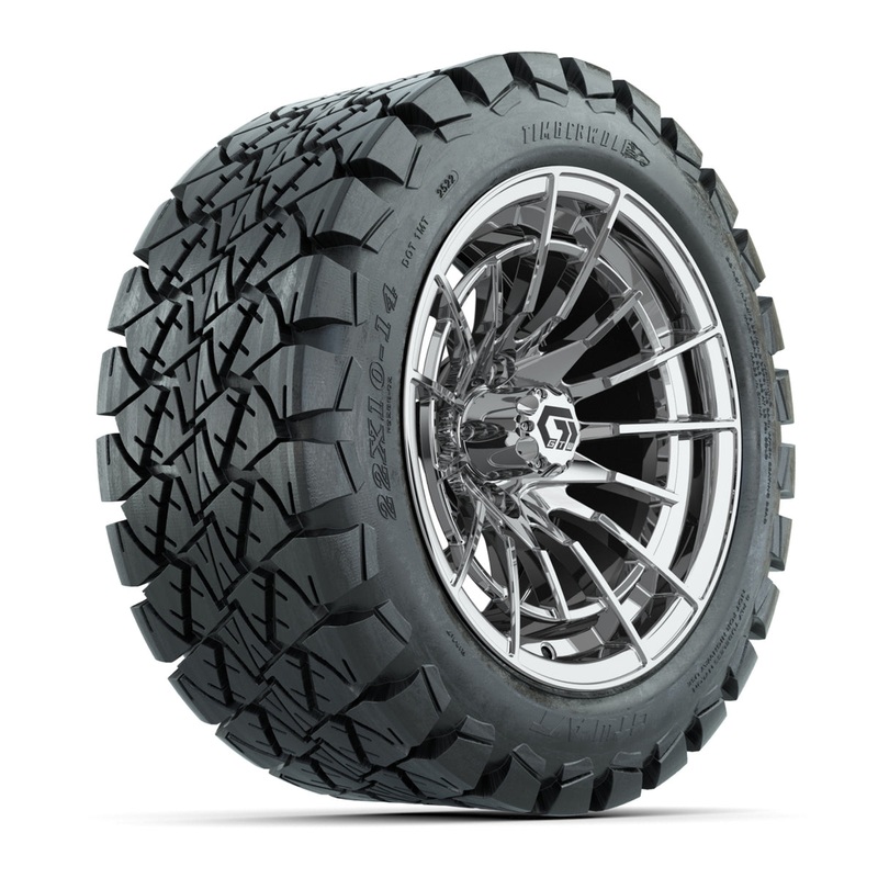 GTW Boost Chrome 14 in Wheels with 22×10-14 Timberwolf All-Terrain Tires  Full Set