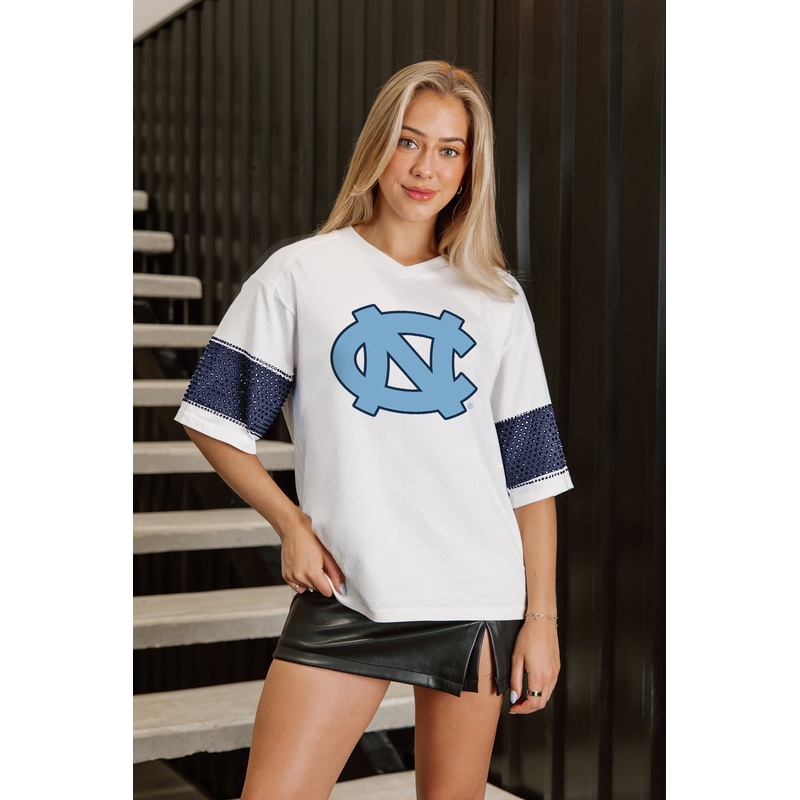 NORTH CAROLINA TAR HEELS DOMINANCE RHINESTONE STRIPE VARSITY TEE