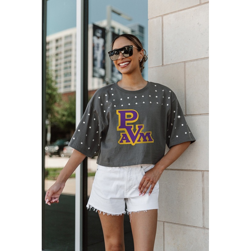 PRAIRIE VIEW A&M PANTHERS Making Moves Rhinestone Crop Tee With Yoke