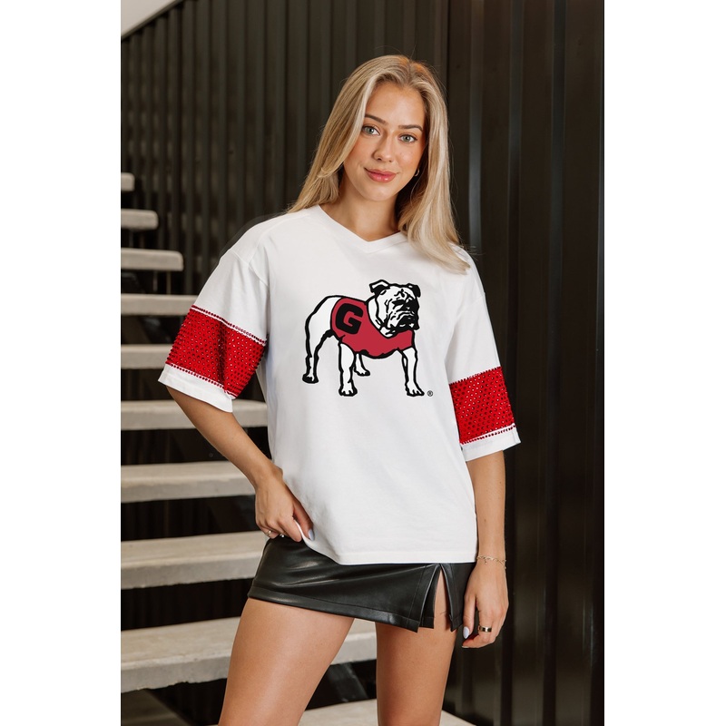 GEORGIA BULLDOGS DOMINANCE RHINESTONE STRIPE VARSITY TEE