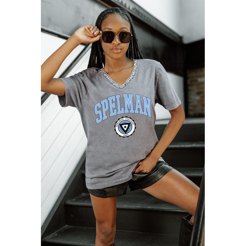SPELMAN COLLEGE JAGUARS ICONIC EDGE RHINESTONE TRIM V-NECK TEE