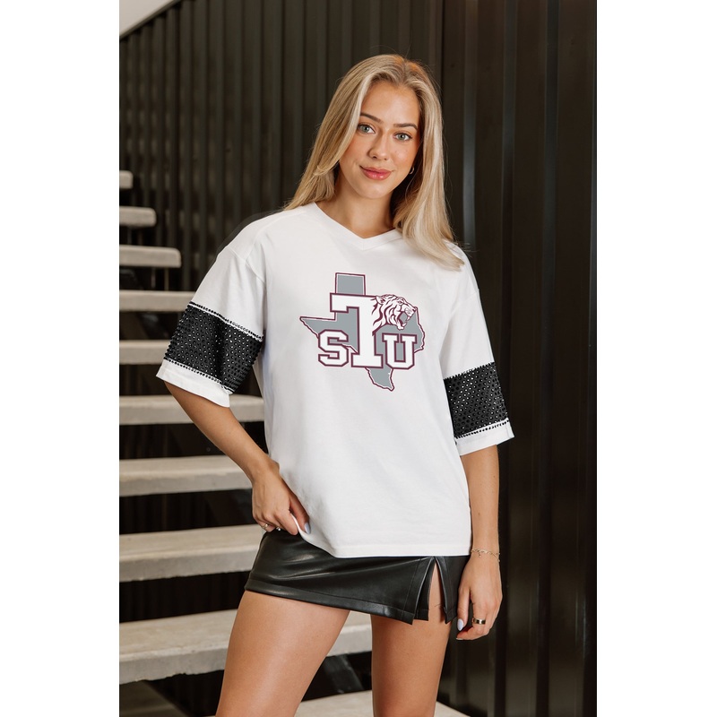 TEXAS SOUTHERN TIGERS DOMINANCE RHINESTONE STRIPE VARSITY TEE