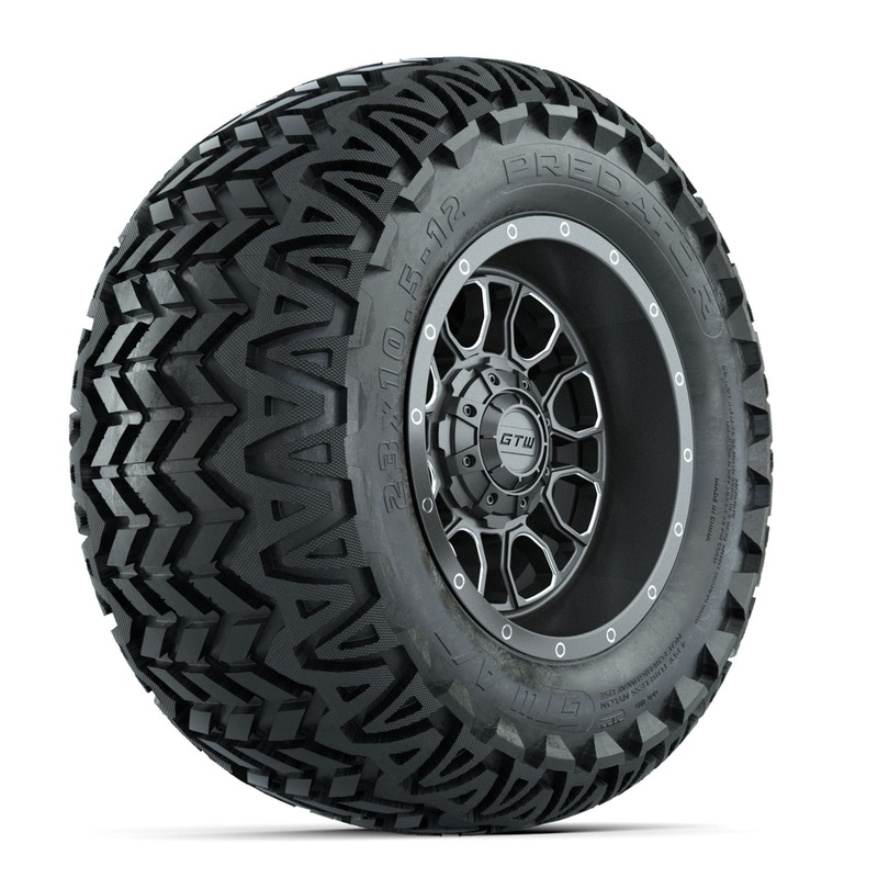 Set of (4) 12 in GTW Volt Gunmetal Wheels with 23×10.5-12 Predator All-Terrain Tires PN# A19-810
