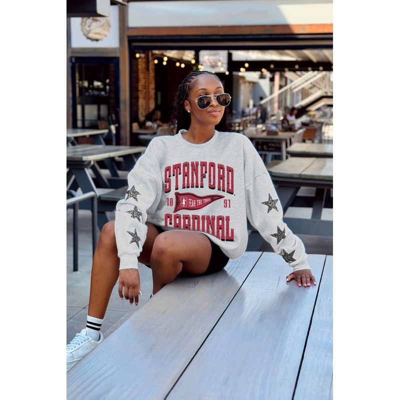STANFORD CARDINAL PENNANT PRIDE EMBELLISHED STAR SLEEVE CREWNECK PULLOVER