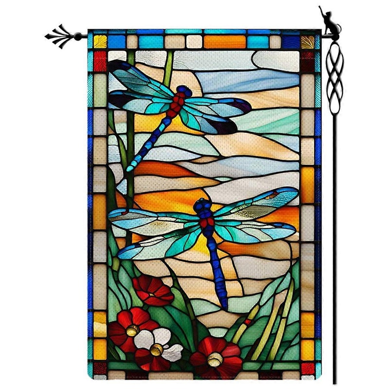 Dragonfly Garden Flag Glass Style Flowers Garden Flag