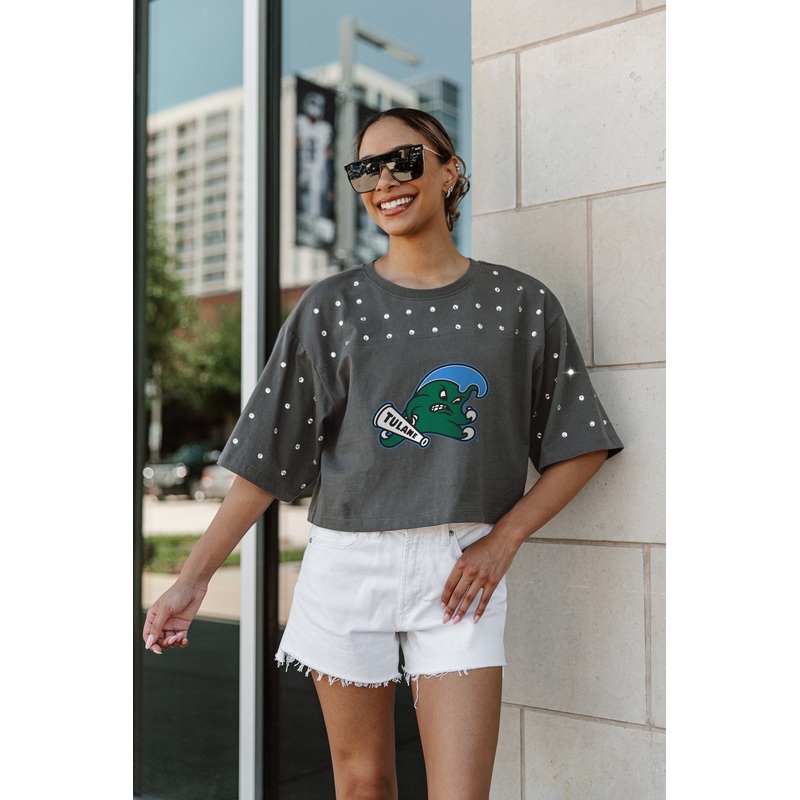 TULANE GREEN WAVE Making Moves Rhinestone Crop Tee With Yoke