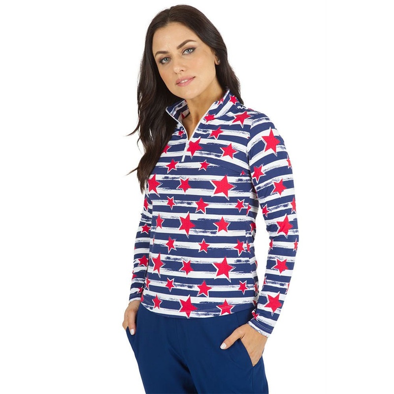 IBKUL Americana II Print Long Sleeve Zip Mock Neck