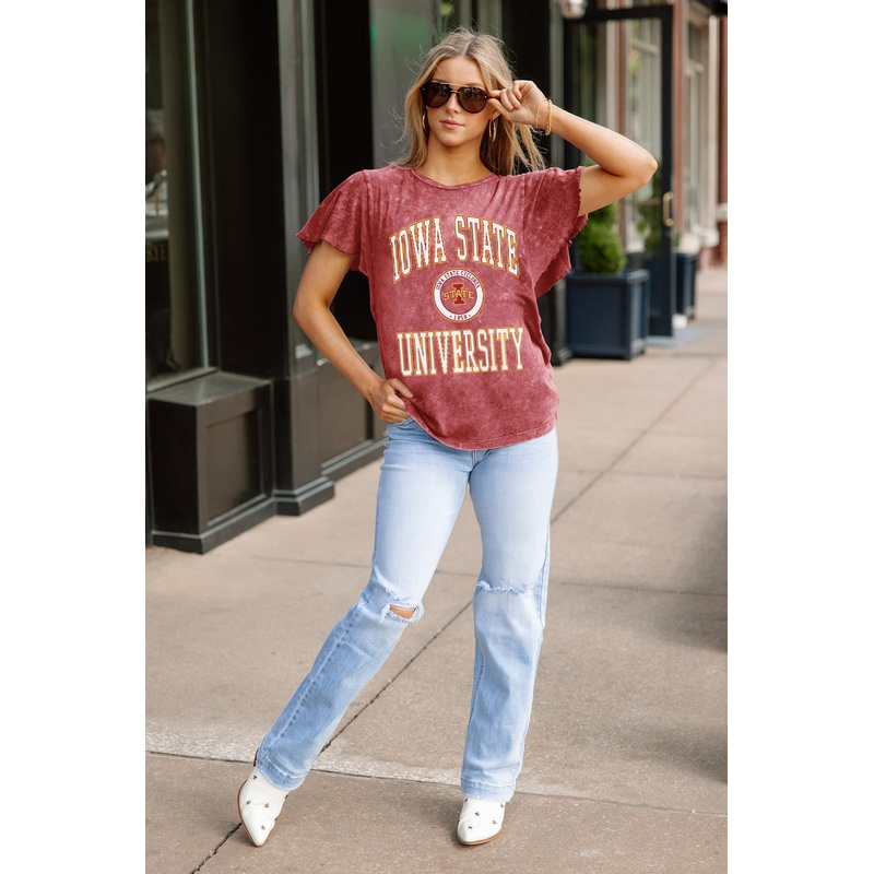 IOWA STATE CYCLONES VICTORY MODE FLUTTER SLEEVE TEE IN CRIMSON