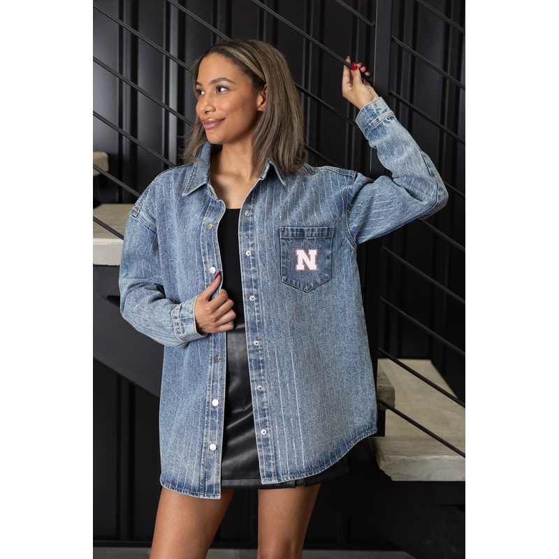 NEBRASKA CORNHUSKERS STYLE’S THE LIMIT MICRO-RHINESTONE DENIM OVERSHIRT