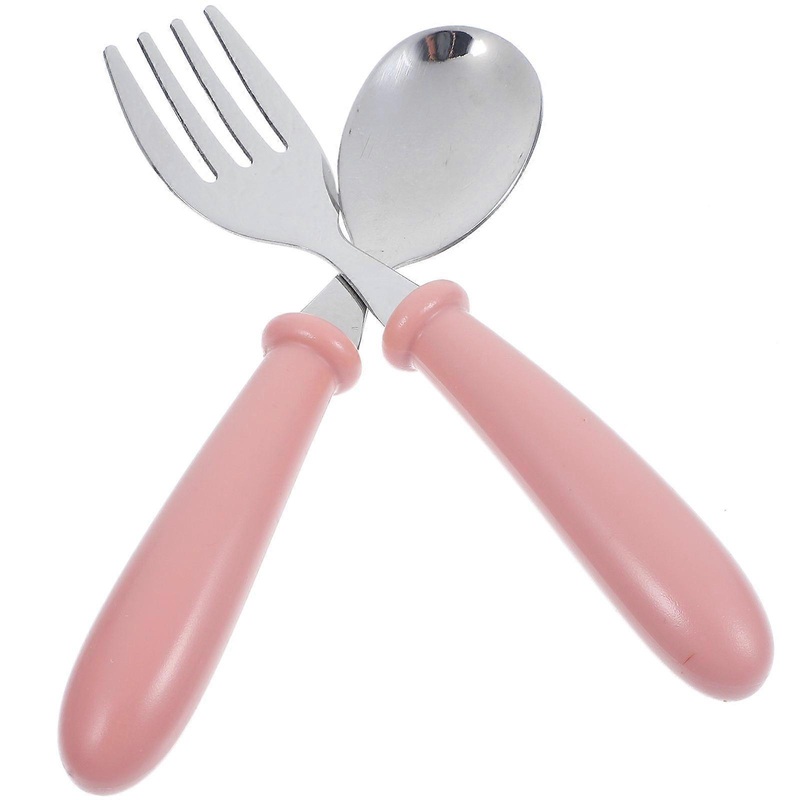 Durable Pink Baby Feeding Spoon and Fork Set for Kids, Stainless Steel and PP, Easy to Hold, SelfFeeding