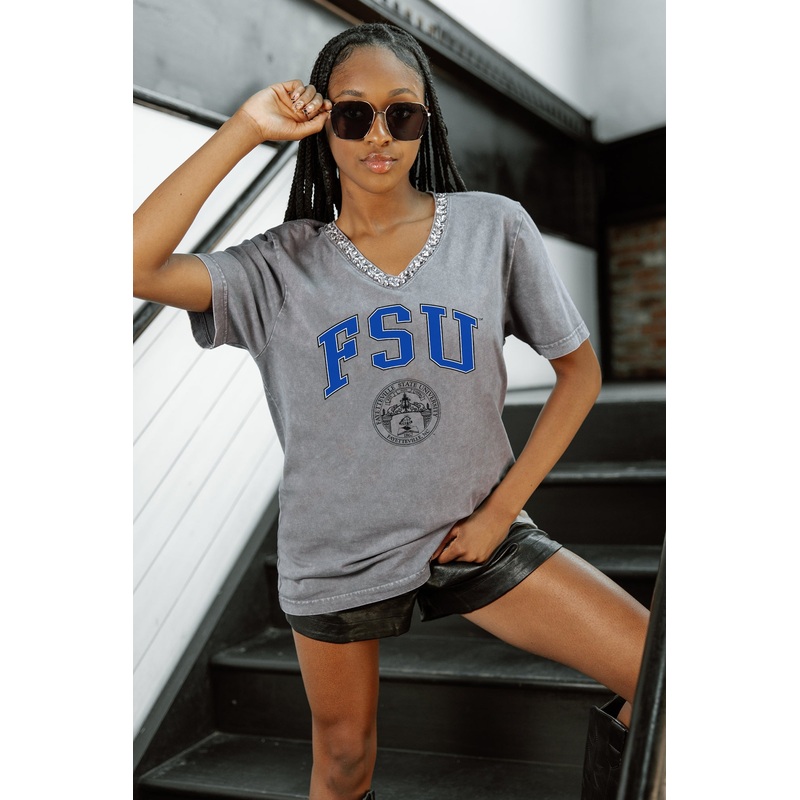 FAYETTEVILLE STATE BRONCOS ICONIC EDGE RHINESTONE TRIM V-NECK TEE