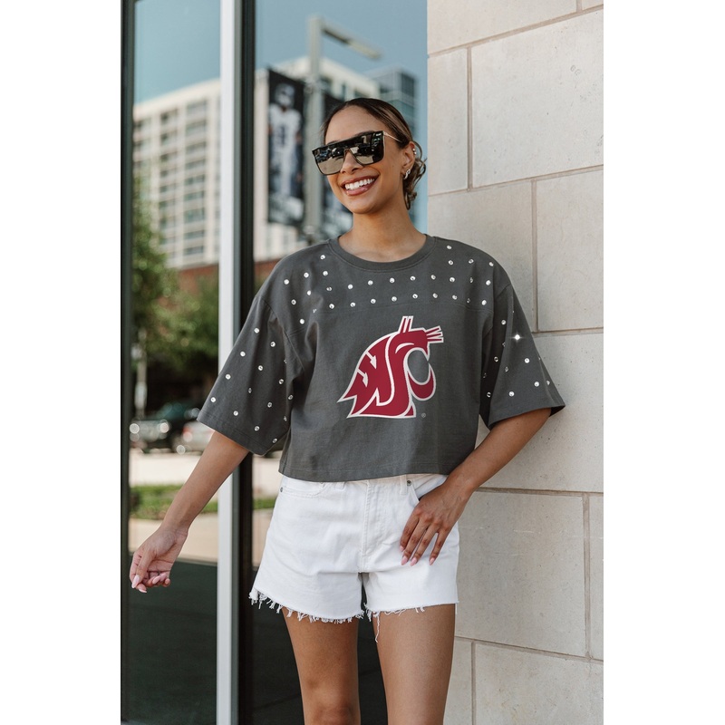 WASHINGTON STATE COUGARS Making Moves Rhinestone Crop Tee With Yoke