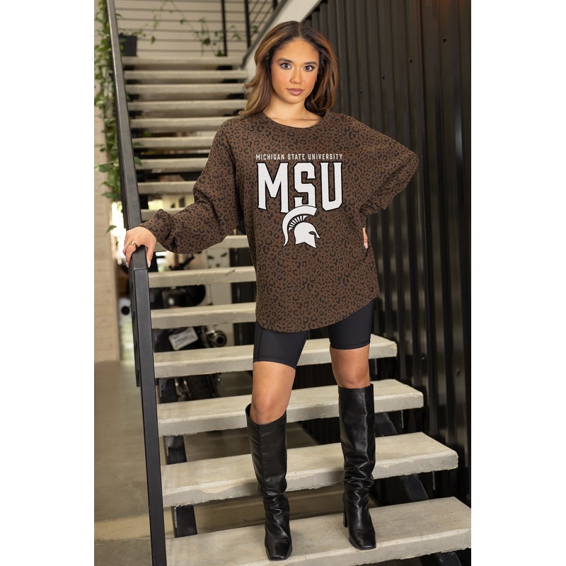 MICHIGAN STATE SPARTANS VITAL STYLE VINTAGE WASH CORDED PULLOVER IN BROWN LEOPARD