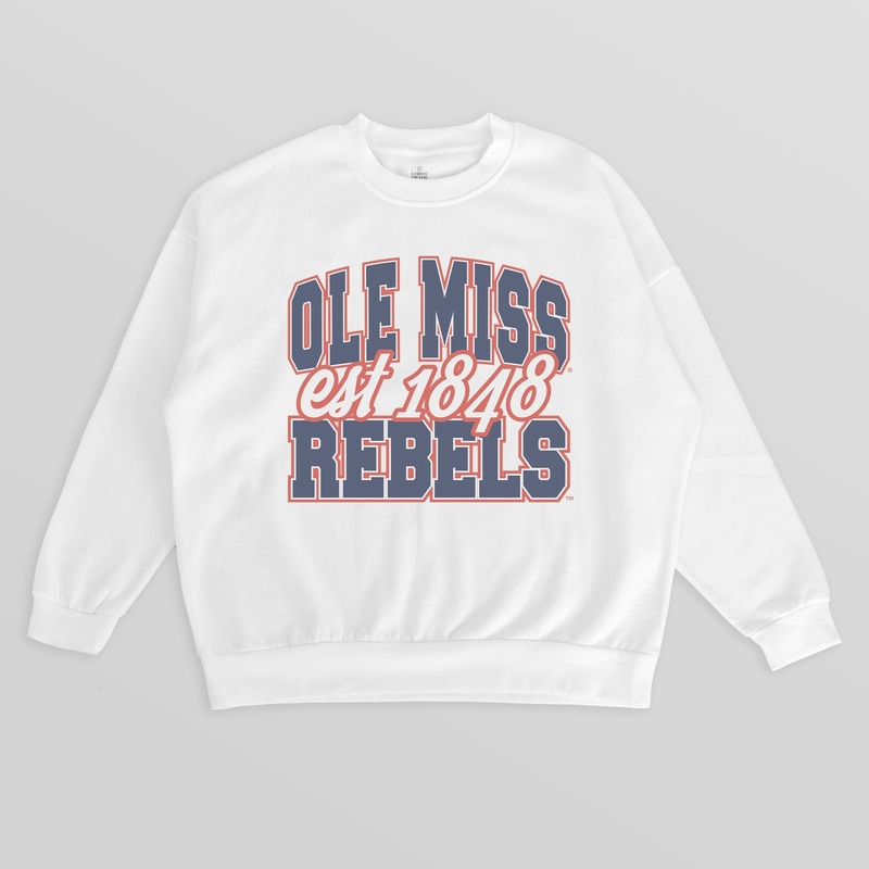 OLE MISS REBELS FADED FORMATION PREMIUM FLEECE DROP SHOULDER CREWNECK PULLOVER
