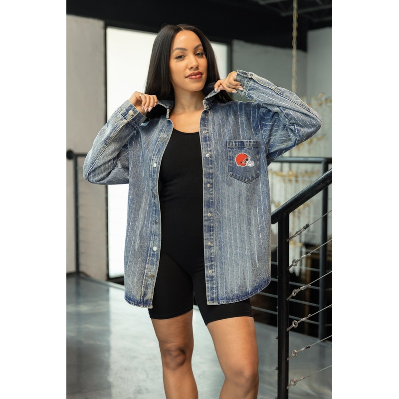 CLEVELAND BROWNS STYLE’S THE LIMIT MICRO-RHINESTONE DENIM OVERSHIRT