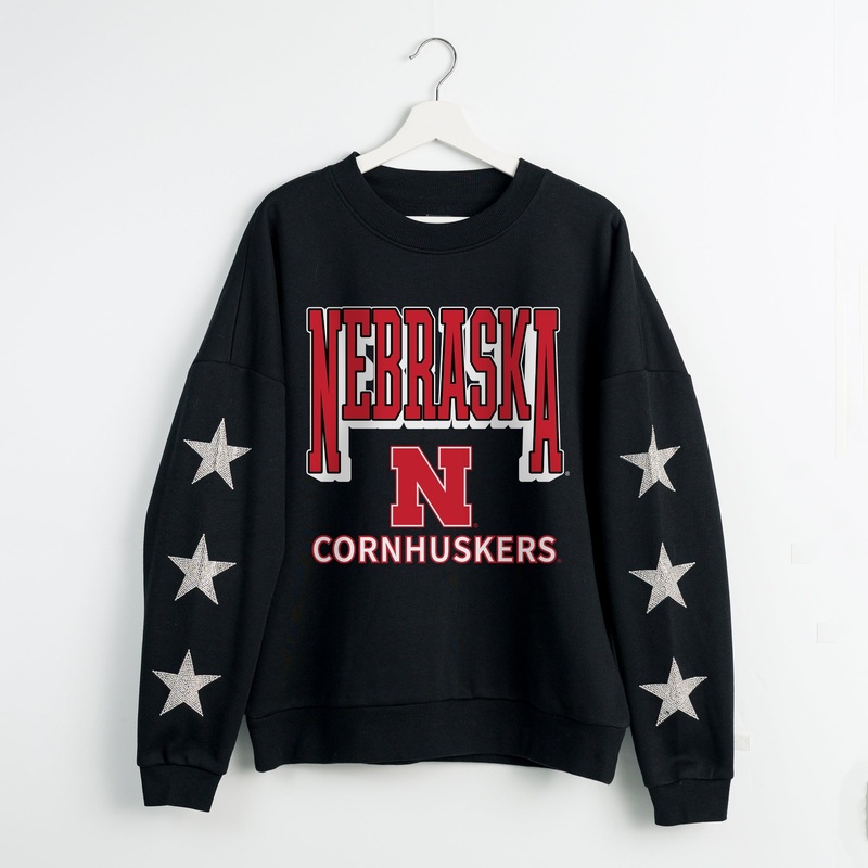 NEBRASKA CORNHUSKERS PURE VICTORY EMBELLISHED STAR SLEEVE CREWNECK PULLOVER