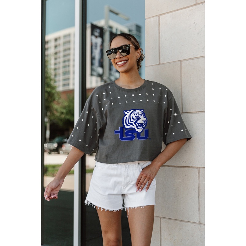 TENNESSEE STATE TIGERS Making Moves Rhinestone Crop Tee With Yoke